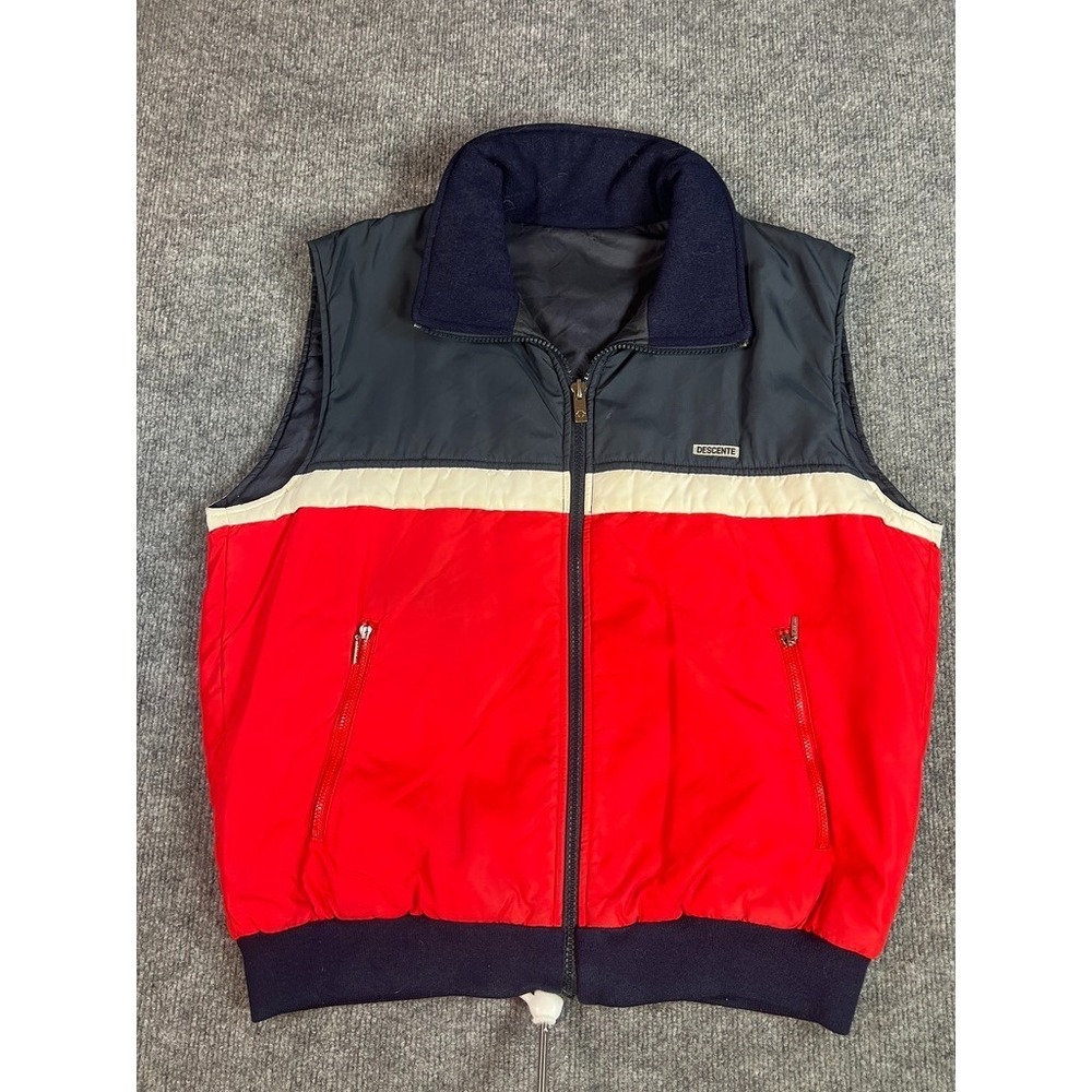 Descente Vintage Colorblock Ski Vest Red Navy White Insulated Zip Puffer Mens‎